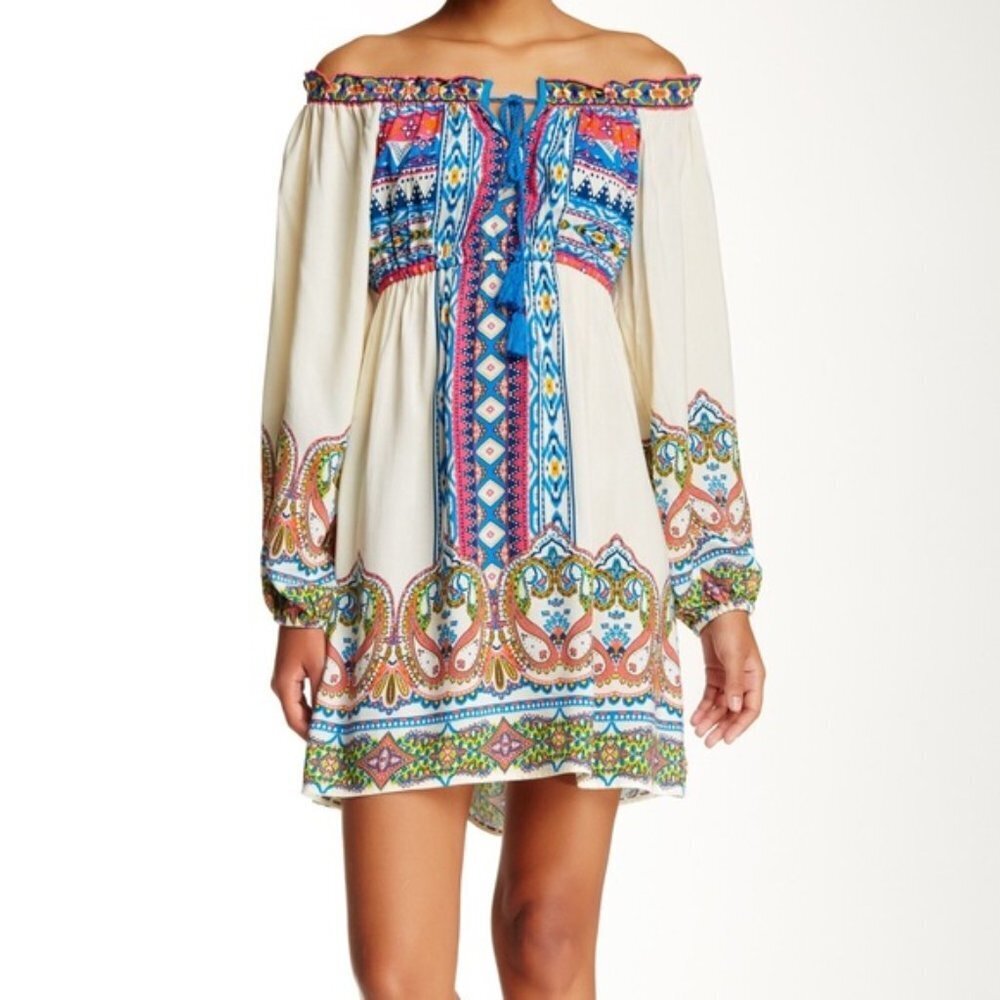 πΌ Cream Off-White Tribal Bohemian Boho Paisley Print Peasant Dress - Picture 1 of 16